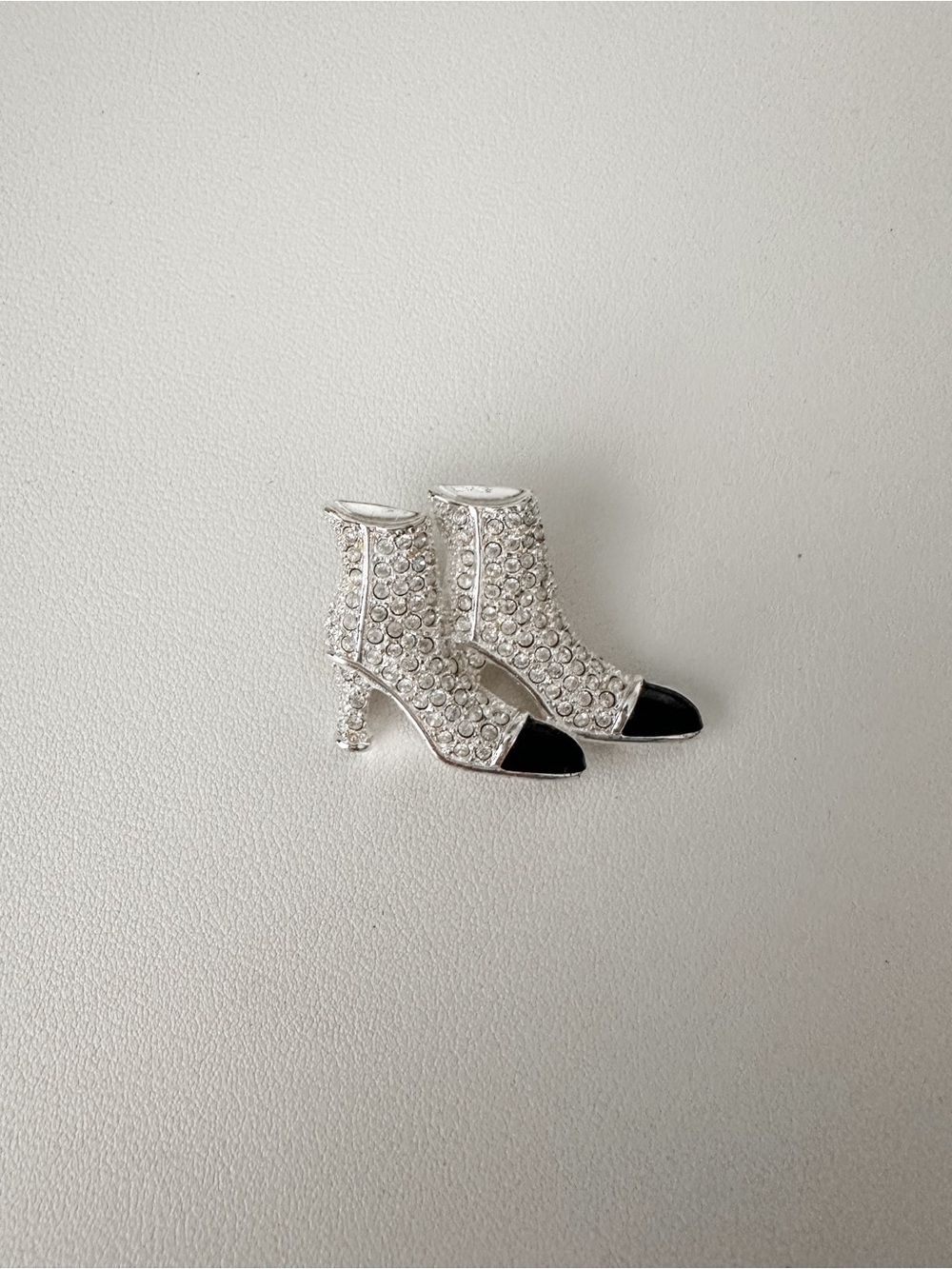 Crystal Embellished Silver Ankle Boots Brooch with Black Cap Toe